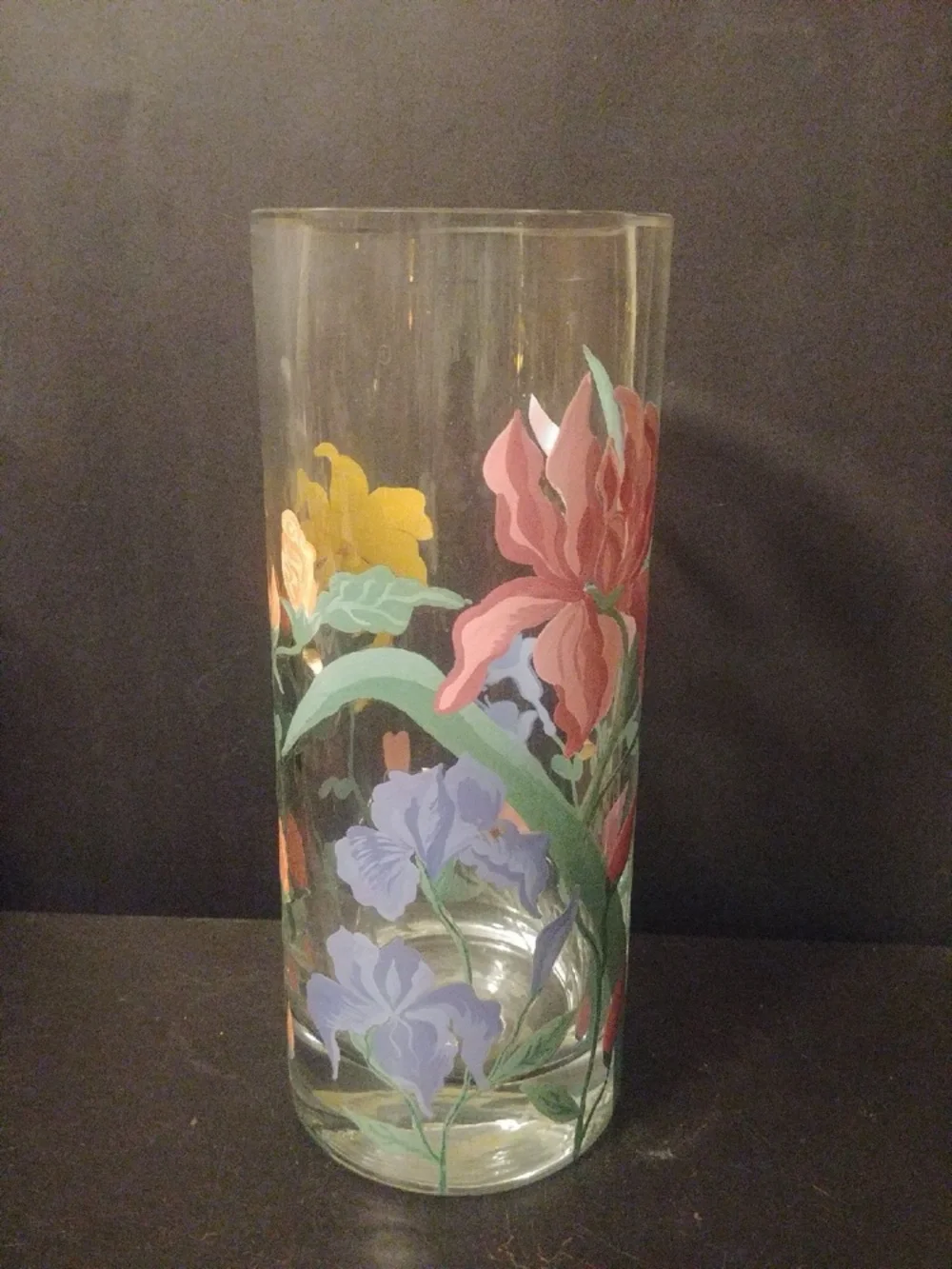 Pottery Barn Thick Glass Cylinder Canister Vase Custom Floral Painted